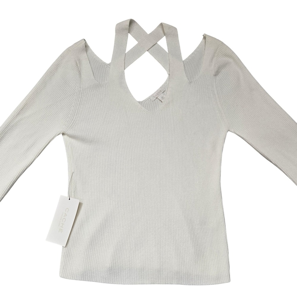 NWT CACHE Off-Shoulder Criss Cross Ribbed V-Neck Sweater